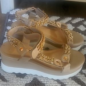 Tan & gold, white wedge sandals